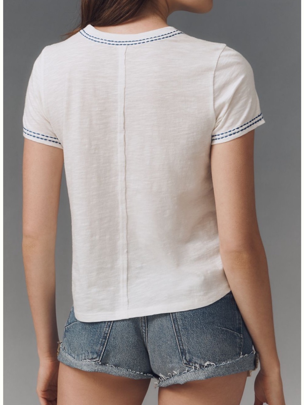 Pilcro White Cotton Bennie Short Sleeve Tee with Blue & Orange Floral Embroidery - Picture 2 of 5